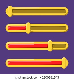 Juego de paneles de juego. Salud vectorial, maná o barra sonora. Elemento de diseño de interfaz de juego. Escala de puntos dorados.