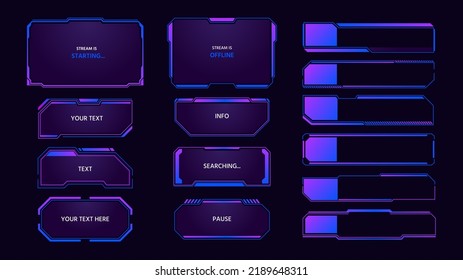 Game panel. Streaming overlay interface elements, futuristic monitor tabs and frames, live stream pop up window and tech message. Vector streamers soft layout set of frame ui panel hud illustration