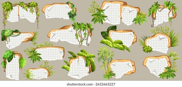Game panels in jungle with liana branches and leaves, ivy. Set isolated wooden elements with old paper, with ragged square graph paper, school math sheet. Vector signboards with school page.