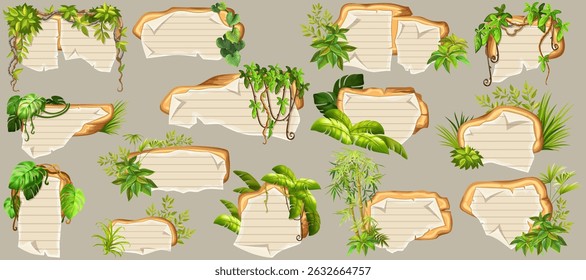 Game panels in jungle with liana branches and leaves, ivy. Set isolated wooden elements with old paper, with school page in line, ragged graph paper. Vector signboards with school page.