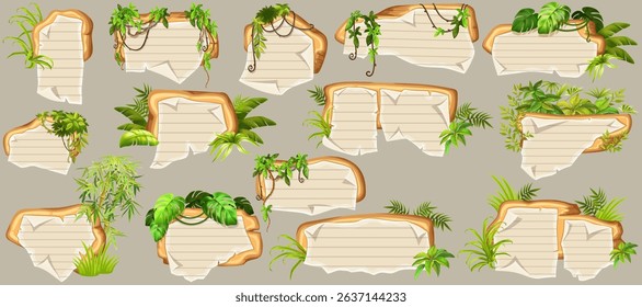 Game panels in jungle with liana branches and leaves, ivy. Set isolated wooden elements with old paper, with school page in line, ragged graph paper. Vector signboards with school page.