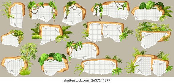 Game panels in jungle with liana branches and leaves, ivy. Set isolated wooden elements with old paper, with ragged square graph paper, school math sheet. Vector signboards with school page.