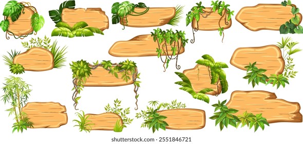 Game panels in jungle style with liana branches and leaves, ivy. Set isolated wooden elements, boards for covers, applications, notebooks, mobile games. Vector signboards with space for text.