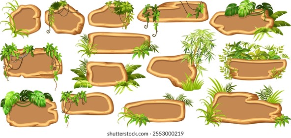 Game panels in jungle style with liana branches and leaves, ivy. Set isolated wooden elements, boards for covers, applications, notebooks, mobile games. Vector signboards with space for text.