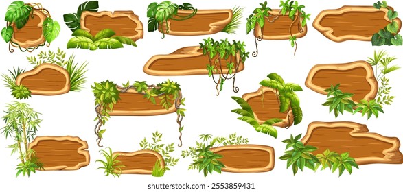 Game panels in jungle style with liana branches and leaves, ivy. Set isolated wooden elements, boards for covers, applications, notebooks, mobile games. Vector signboards with space for text.