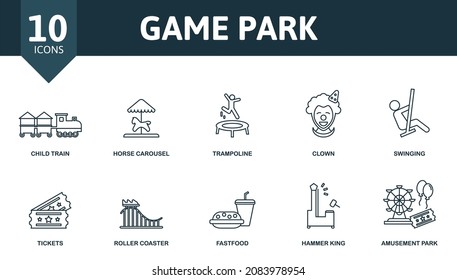 Game Park icon set. Collection of simple elements such as the focus, castle, child train, horse carousel, clown, tickets, fastfood.