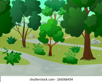 Game park landscape with 2d trees alleys flat background vector illustration