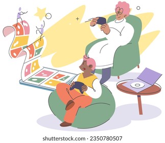 Game party at home, family fun. Mother and her little son sitting on couch playing video games competition. Virtual reality, weekend spare time, leisure, gaming hobby. Parent spend time with child