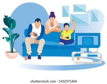 Game Party at Home,Family Fun. Father, Mother, Little Son Sitting on Couch Playing Video Games Competition, Virtual Reality, Weekend Spare Time, Leisure, Gaming Hobby. Cartoon Flat Vector Illustration