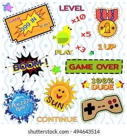 Game patch set, vintage gamer elements, cartoon colorful illustrations for sticker decoration or embroidery, patches in cartoon 80s-90s comic style