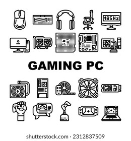 game pc computer gaming icons set vector. play technology video digital, device player gamer entertainment joystick controller game pc computer gaming black contour illustrations