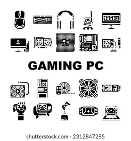 game pc computer gaming icons set vector. play technology video digital, device player gamer entertainment joystick controller game pc computer gaming glyph pictogram Illustrations