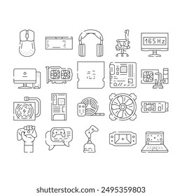 game pc computer gaming icons set vector. play technology video digital, device player gamer entertainment joystick controller game pc computer gaming black contour illustrations