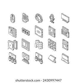 game pc gamer computer online isometric icons set. play neon, video headset, cyber internet, monitor keyboard, screen digital game pc gamer computer online color line