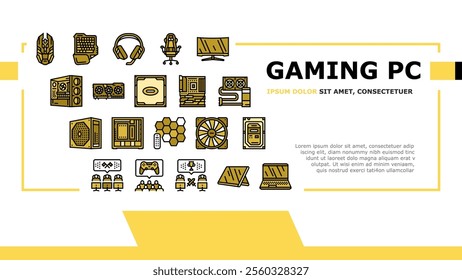 game pc gamer computer online landing web page vector. play neon, video headset, cyber internet, monitor keyboard, screen digital game pc gamer computer online Illustration