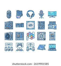 game pc gamer computer online doodle icons set vector. play neon, video headset, cyber internet, monitor keyboard, screen digital game pc gamer computer online sketch hand drawn