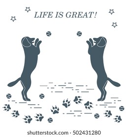 Game of pet. Silhouettes of dogs jumping to tennis ball on the background tracks, balls, stars.