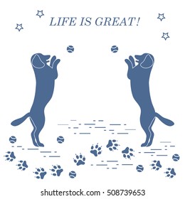 Game of pet. Silhouettes of dogs jumping to tennis ball on the background tracks, balls, stars.