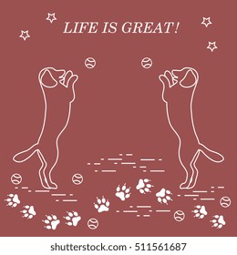 Game of pet. Silhouettes of dogs jumping to tennis ball on the background tracks, balls, stars.