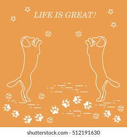 Game of pet. Silhouettes of dogs jumping to tennis ball on the background tracks, balls, stars.
