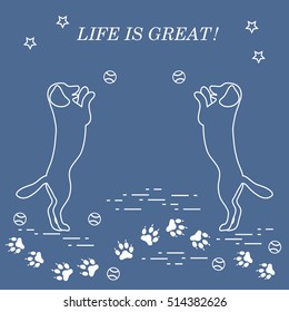 Game of pet. Silhouettes of dogs jumping to tennis ball on the background tracks, balls, stars.