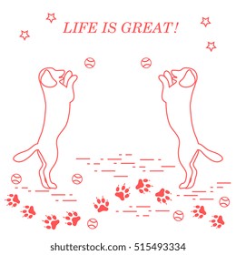 Game of pet. Silhouettes of dogs jumping to tennis ball on the background tracks, balls, stars.