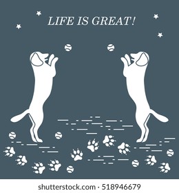Game of pet. Silhouettes of dogs jumping to tennis ball on the background tracks, balls, stars.