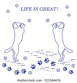 Game of pet. Silhouettes of dogs jumping to tennis ball on the background tracks, balls, stars.