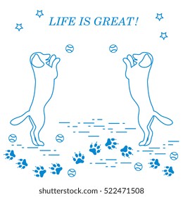 Game of pet. Silhouettes of dogs jumping to tennis ball on the background tracks, balls, stars.