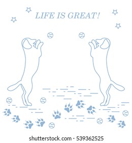 Game of pet. Silhouettes of dogs jumping to tennis ball on the background tracks, balls, stars.