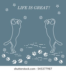 Game of pet. Silhouettes of dogs jumping to tennis ball on the background tracks, balls, stars.
