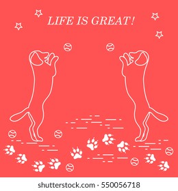 Game of pet. Silhouettes of dogs jumping to tennis ball on the background tracks, balls, stars.