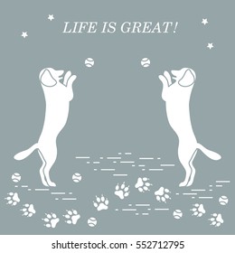Game of pet. Silhouettes of dogs jumping to tennis ball on the background tracks, balls, stars.
