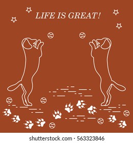 Game of pet. Silhouettes of dogs jumping to tennis ball on the background tracks, balls, stars.