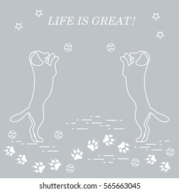 Game of pet. Silhouettes of dogs jumping to tennis ball on the background tracks, balls, stars.