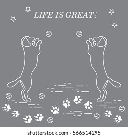 Game of pet. Silhouettes of dogs jumping to tennis ball on the background tracks, balls, stars.