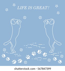 Game of pet. Silhouettes of dogs jumping to tennis ball on the background tracks, balls, stars.