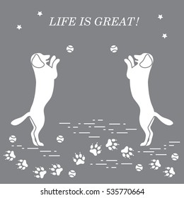 Game with pets. Silhouettes of dogs jumping to tennis ball on the background tracks, balls, stars.