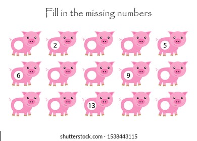 Game with pigs for children, fill in the missing numbers, middle level, education game for kids, school worksheet activity, task for the development of logical thinking, vector illustration