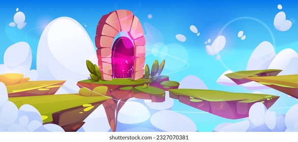 Game pink magic portal on floating island in sky cartoon vector background. Fantasy teleport door to other dimension, world or time. Magical travel plasma hole flying in cloud on rock illustration.