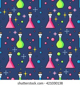 Game pixel art seamless pattern background. Vector illustration with medieval fantasy magic potions of health, mana and poison bottle.