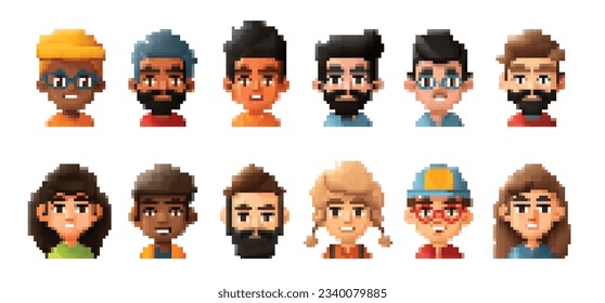 Game pixel avatar. Mobile gaming hero portrait. 8-bit character skin collection. Player pixelated account icon design. Isolated male or female heads. Vector cute digital graphic faces set