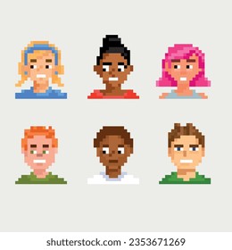 Game pixel avatar. Portrait of a hero of mobile games. collection of 8-bit character skins. Pixel design of the player account icon. Isolated male or female heads. Vector is cute. People's faces