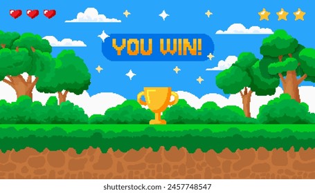 Game pixel. Bit video background. Retro arcade playing. Gaming landscape. Winning level up interface screen. UI frame. Computer winner award. Gamer old effect. Vector illustration vintage garish art