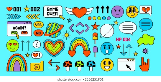 Game pixel element. 8 bit icon. Love heart. Arrow and rainbow. Retro Y2K flat symbol. Cute computer shape from 2000s. Vintage internet UI. Brutalism sticker. Funny emoji message. Vector garish set