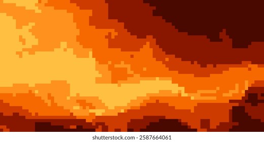 Game pixel fire bg in retro 8 bit style. Gradient background with square pattern of hot lava or burning sunset