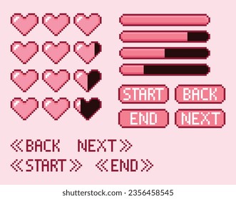 Game pixel health bar hearts UI - Pink theme (editable pixel squares)