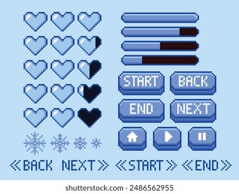 Game pixel health bar hearts UI - Blue snow theme (editable pixel squares)