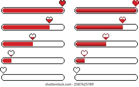 Game Pixel heart with loading bars, 8 bit video arcade health life status, illustration elements icons. red decrease empty health bar or energy meter