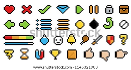 Game pixel icons set isolated on white background. Cute signs and logos. Low pixel elements with shadows and highlights. Flat style vector illustration.